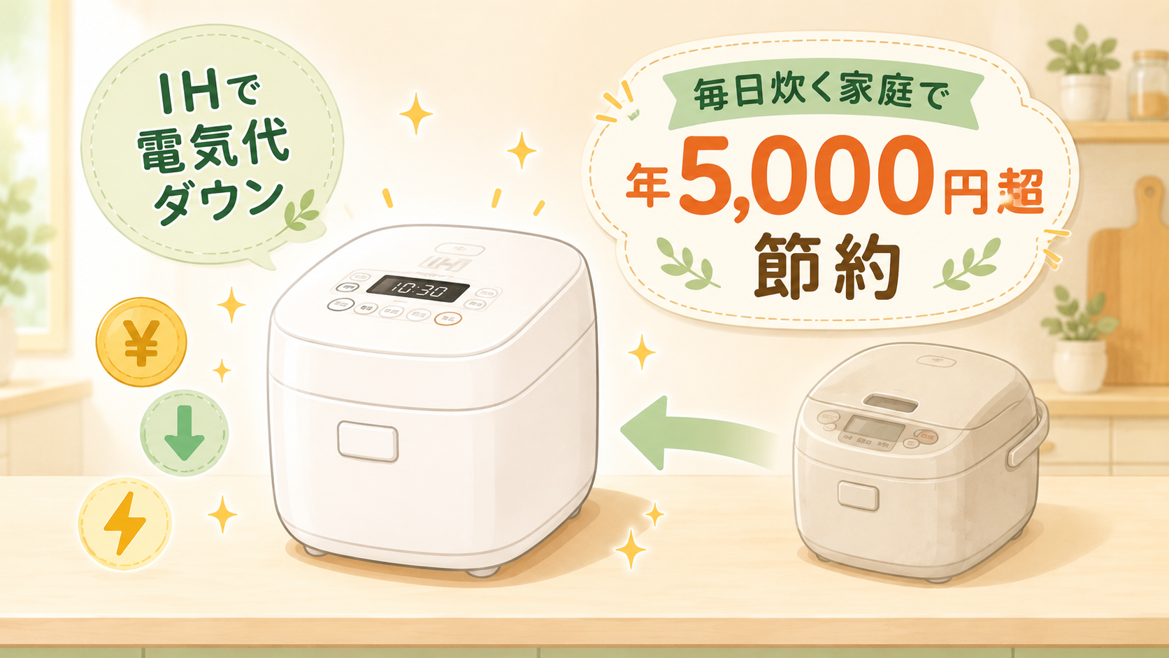 炊飯器の買い替えで電気代を節約するイメージ