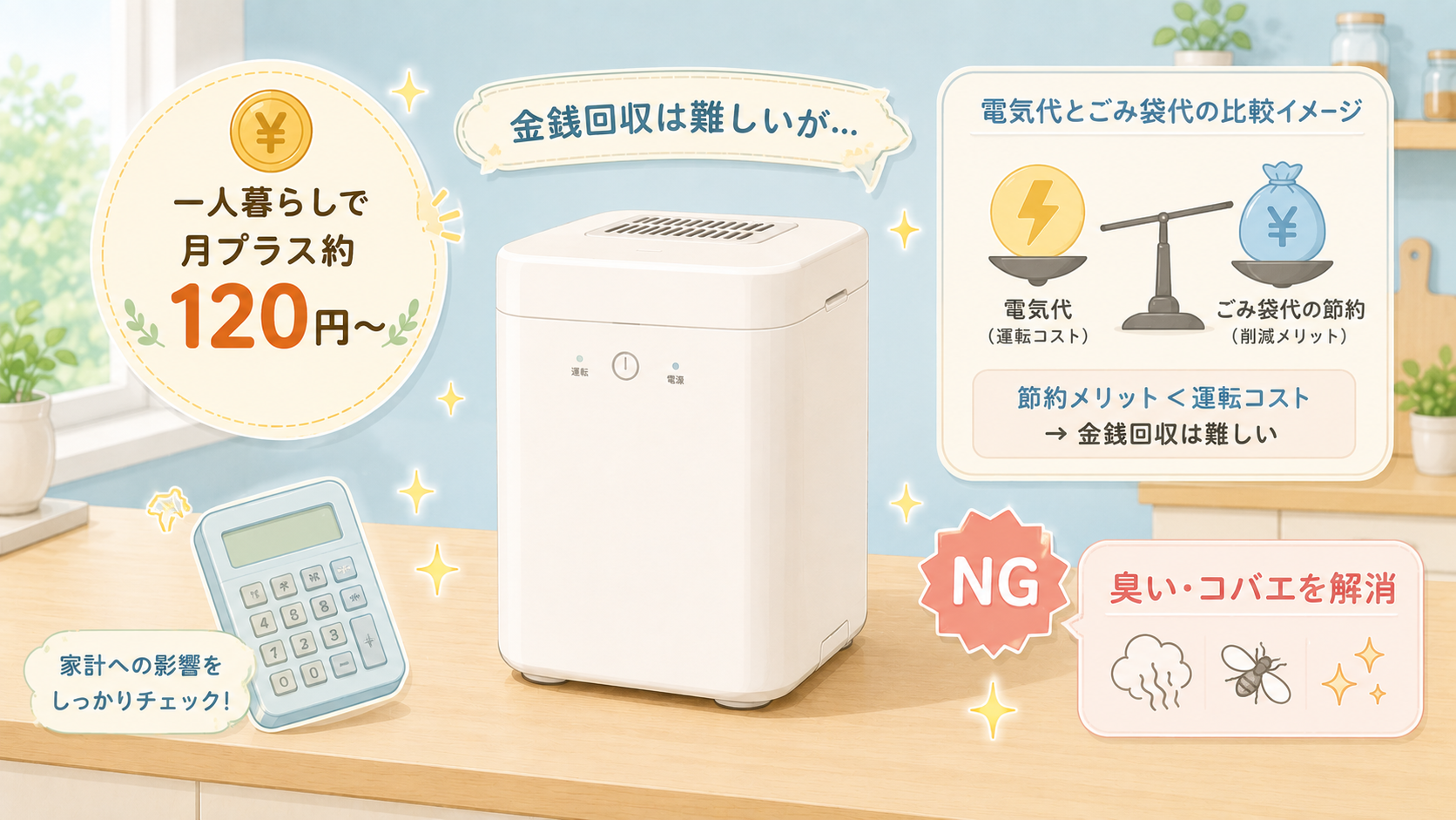 生ごみ乾燥機は元が取れる？費用計算イメージ