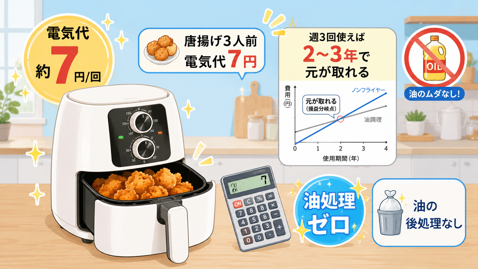 ノンフライヤーと料理別・機種別コスト試算ツールのイラスト