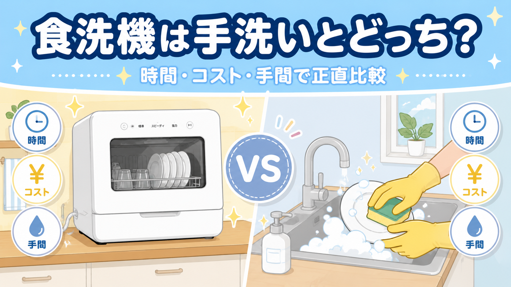 食洗機は手洗いと比べてどっち？時間・コスト・手間で正直に比較するアイキャッチ